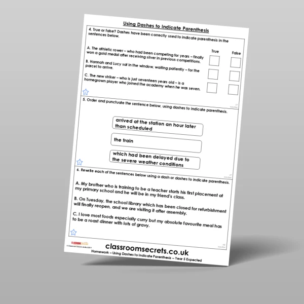 An image of the Using Dashes to Indicate Parenthesis Homework Resource