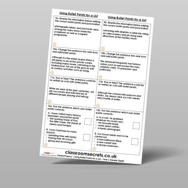 An image of the Using Bullet Points for a List Varied Fluency Resource