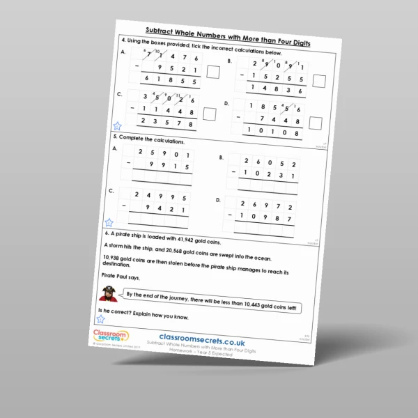 An image of the Subtract Whole Numbers with More than Four Digits Homework Resource