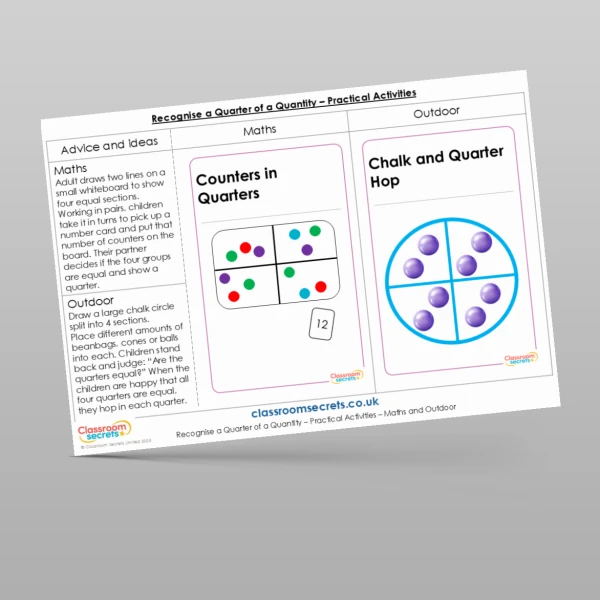 An image of the Recognise a Quarter of a Quantity Practical Activities Resource
