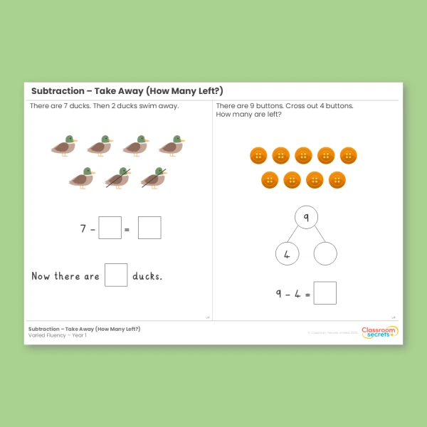 Year 1 Subtraction Take Away How Many Left Addition and Subtraction within 10 Varied Fluency