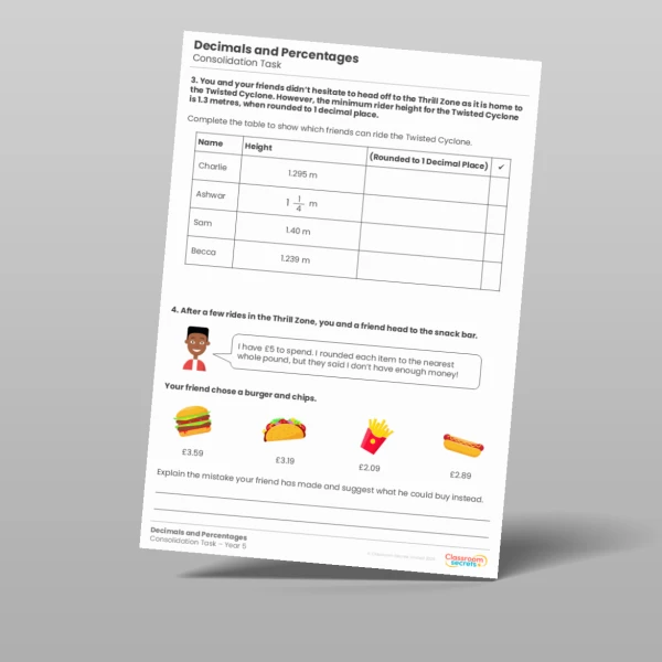 An image of the Decimals and Percentages Consolidation Task Resource