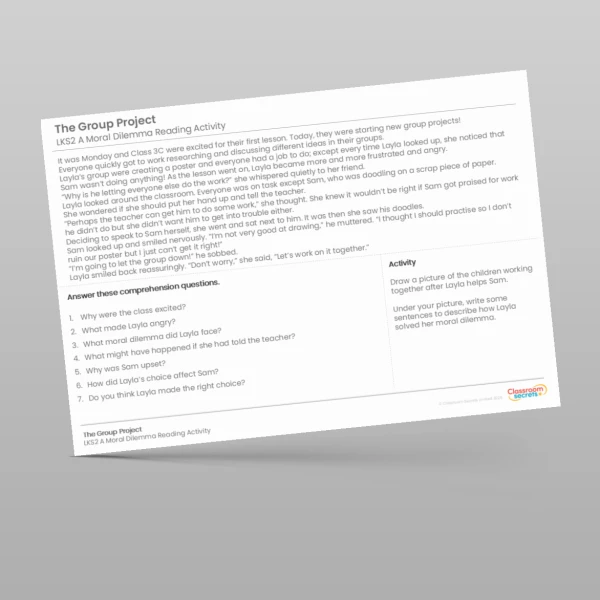 An image of the Moral Dilemma Reading Activity - The Group Project Resource