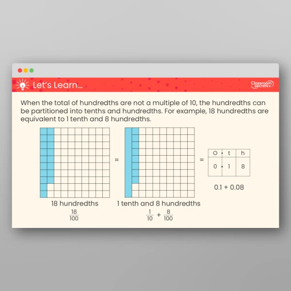 An image of the Equivalent Fractions and Decimals (Hundredths) Teaching PPT Resource