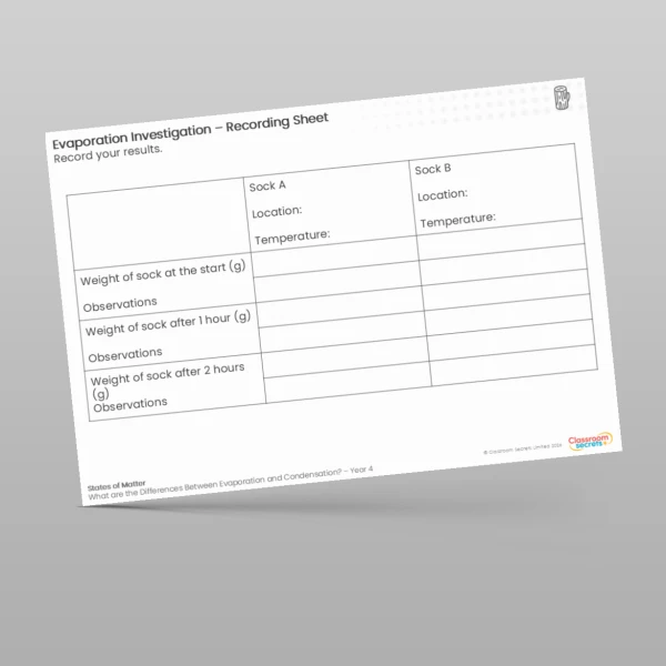 An image of the Lesson 5: Evaporation Recording Worksheet Resource