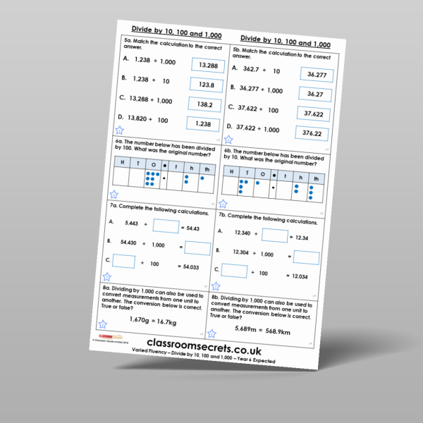 Year 6 Divide By 10 100 And 1 000 Varied Fluency Resource | Classroom ...