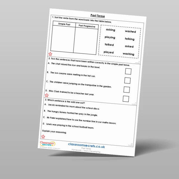 An image of the Past Tense Homework Resource