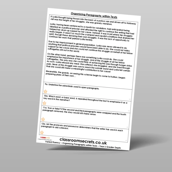 An image of the Organising Paragraphs within Texts Varied Fluency Resource