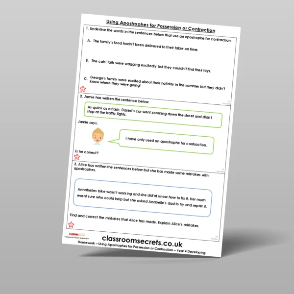 An image of the Using Apostrophes for Possession or Contraction Homework Resource