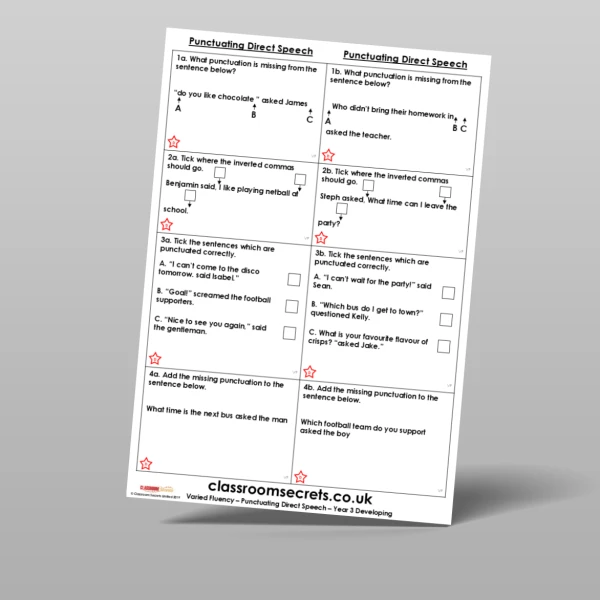 An image of the Punctuating Direct Speech Varied Fluency Resource
