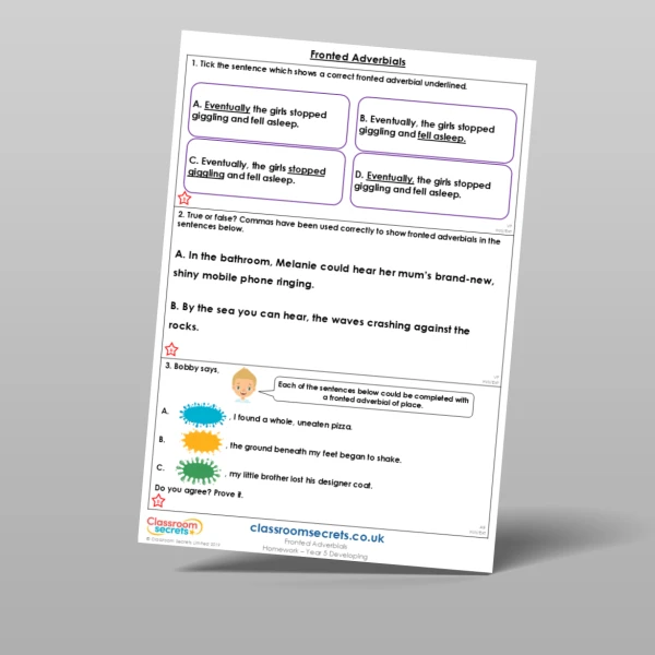 An image of the Fronted Adverbials Homework Resource