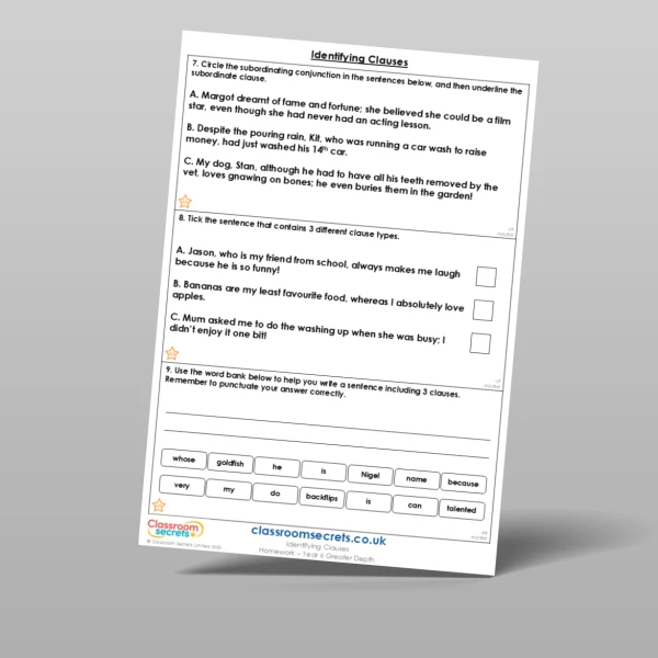 An image of the Free Identifying Clauses Homework Resource