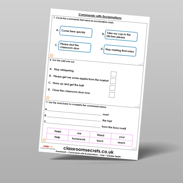 An image of the Commands with Exclamations Homework Resource