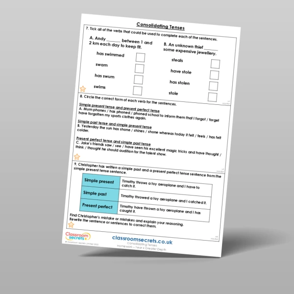An image of the Consolidating Tenses Homework Resource