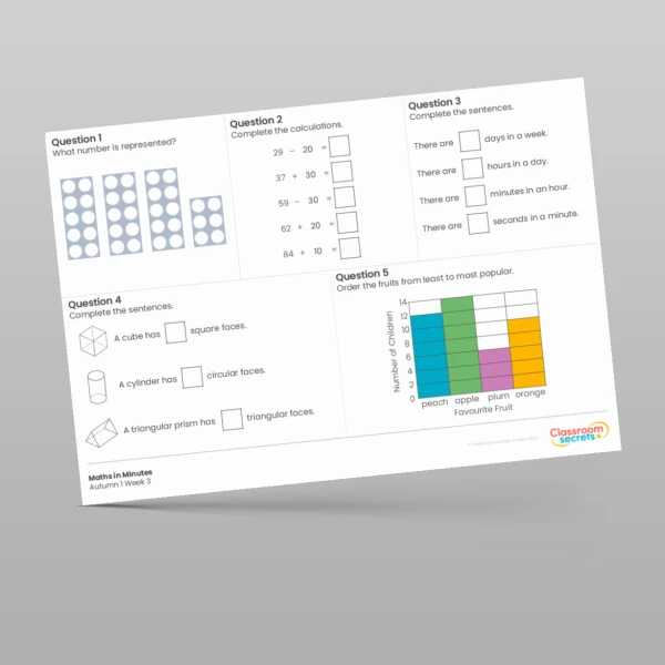An image of the Autumn 1 Week 3 Maths in Minutes Resource