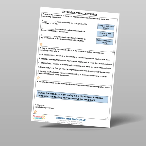 An image of the Descriptive Fronted Adverbials Homework Resource