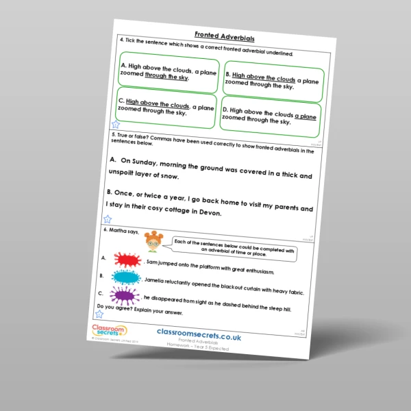 An image of the Fronted Adverbials Homework Resource