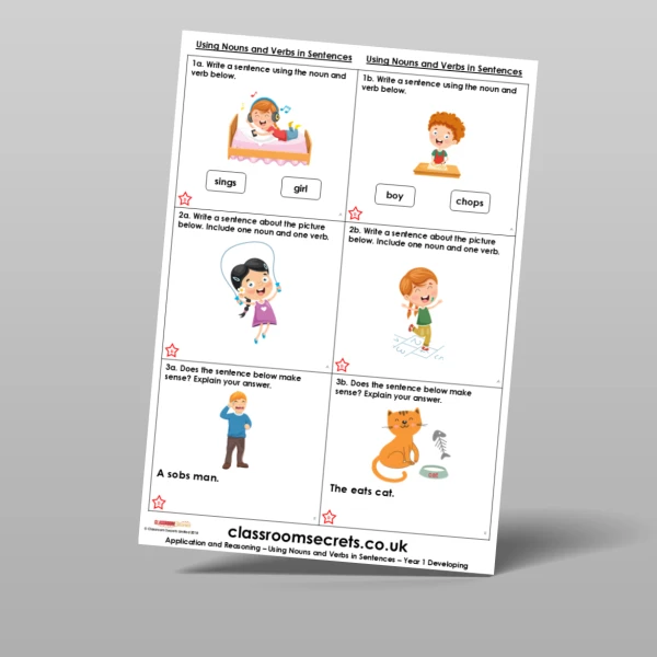 An image of the Using Nouns and Verbs in Sentences Application and Reasoning Resource