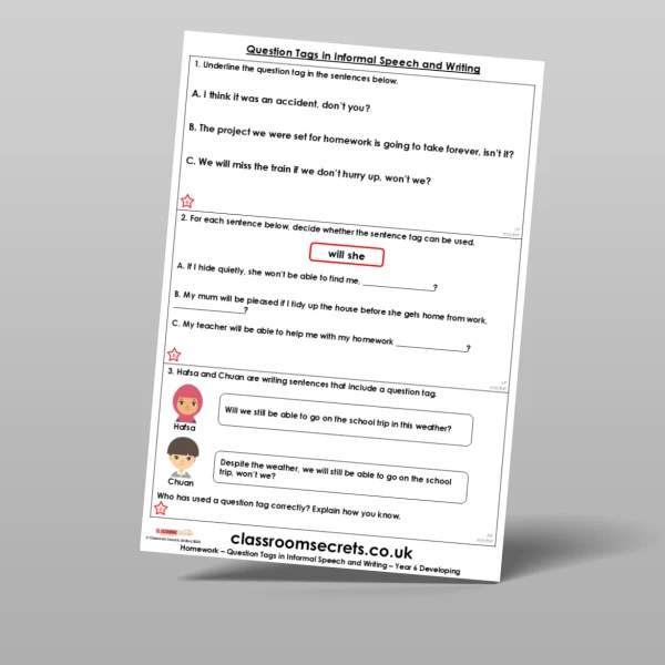 An image of the Question Tags in Informal Speech and Writing Homework Resource