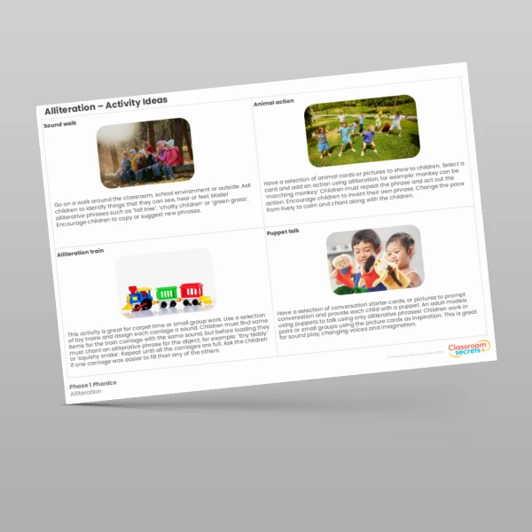 An image of the Phase 1 Phonics Alliteration Activity Ideas Resource