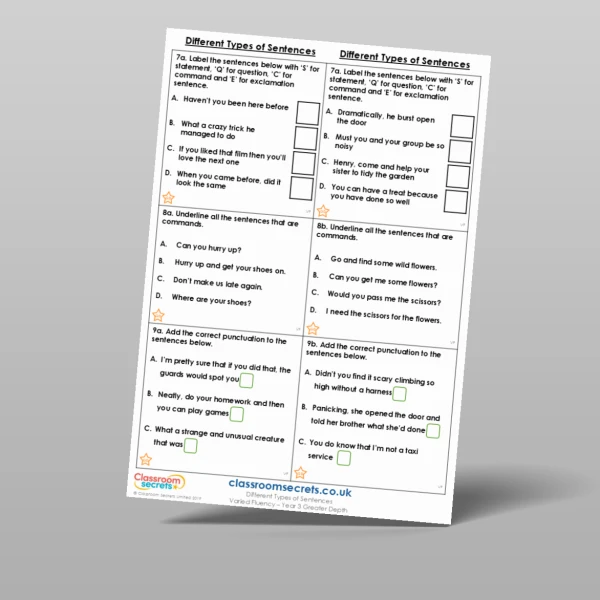An image of the Different Types of Sentences Varied Fluency Resource