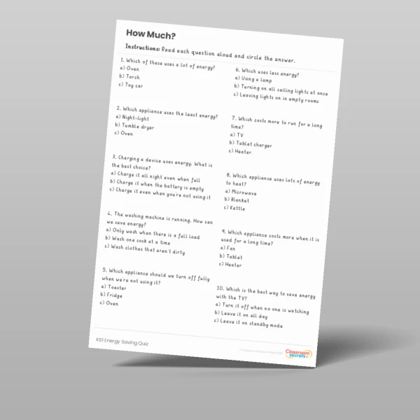 An image of the Energy Saving Quiz Resource