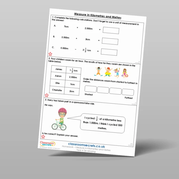 An image of the Measure in Kilometres and Metres Homework Resource
