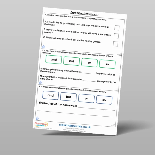An image of the Expanding Sentences 1 Homework Resource