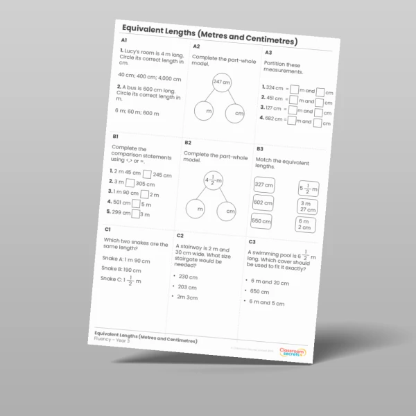An image of the Equivalent Lengths (Metres and Centimetres) Fluency Matrix Resource