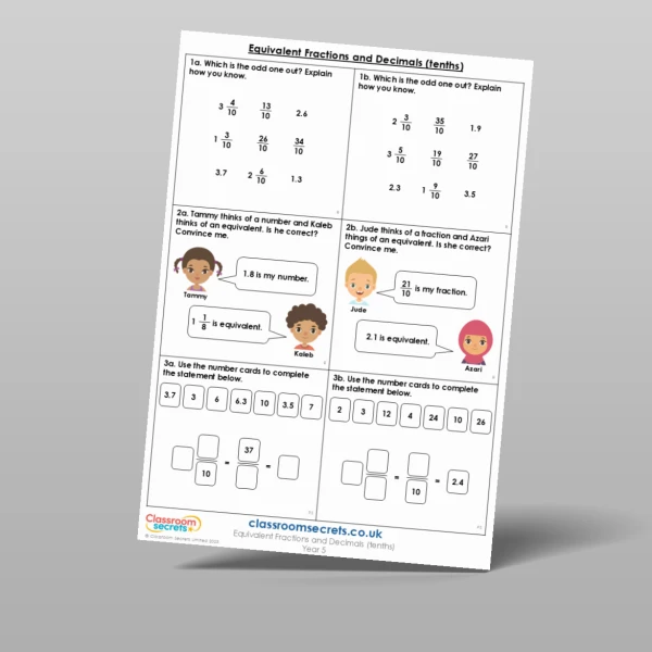 An image of the Equivalent Fractions and Decimals (Tenths) Reasoning and Problem Solving Resource