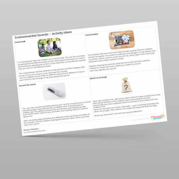 An image of the Phase 1 Phonics Environmental Sounds Activity Ideas Resource