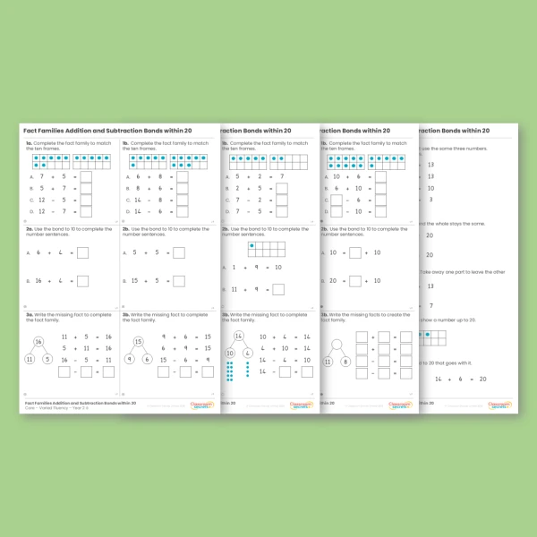 An image of the Fact Families - Addition and Subtraction Bonds within 20 Varied Fluency Resource
