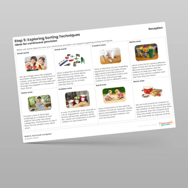 An image of the WR Maths Aligned Planning Reception Step 5 Sorting Techniques Resource