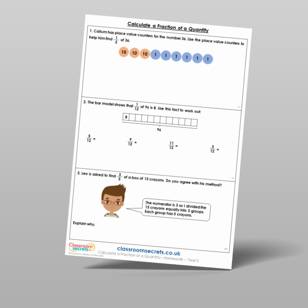 Year 5 Calculate A Fraction Of A Quantity Homework Resource | Classroom ...