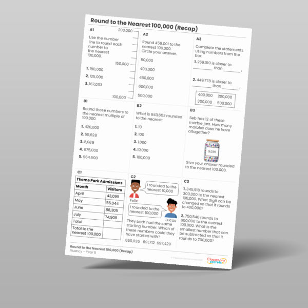 Year 5 Round To The Nearest 100 000 Recap Fluency Matrix Resource ...