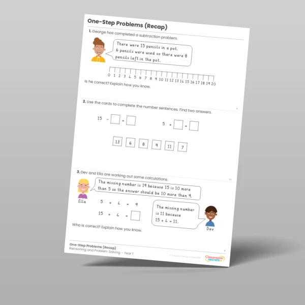 An image of the One-Step Problems (Recap) Reasoning and Problem Solving Resource
