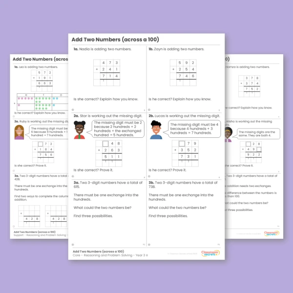 Year 3 Add Two Numbers (across a 100) Addition and Subtraction Reasoning and Problem Solving