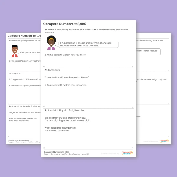 An image of the Compare Numbers to 1,000 Reasoning and Problem Solving Resource