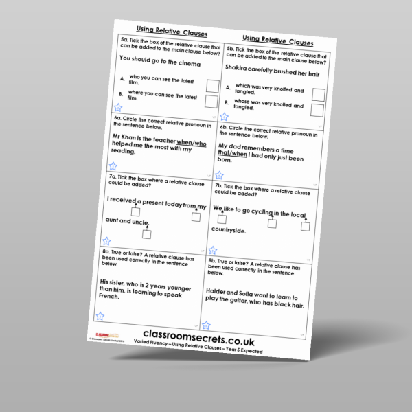 Year 5 Using Relative Clauses Varied Fluency Resource | Classroom Secrets