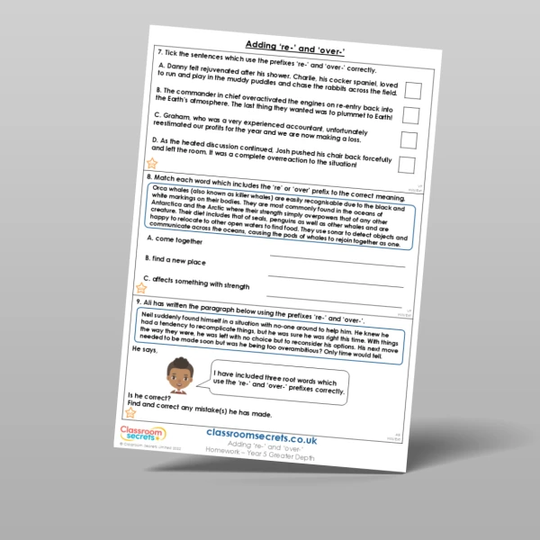 An image of the Adding 're-' and 'over-' Homework Resource