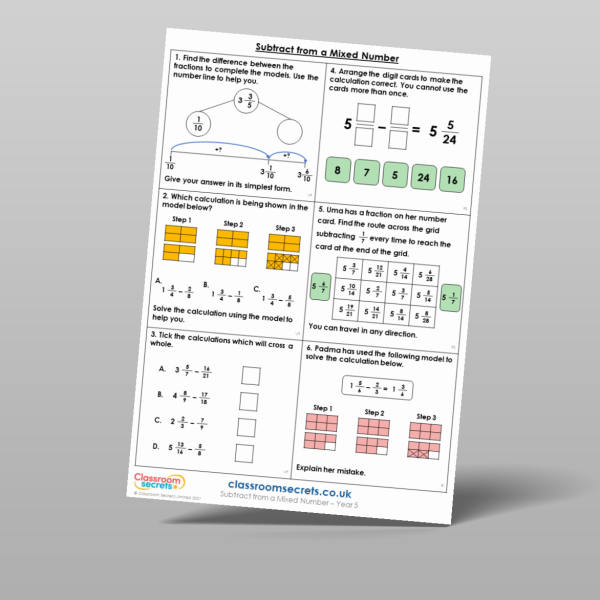 Year 5 Subtract From A Mixed Number Mixed Activity Resource | Classroom ...