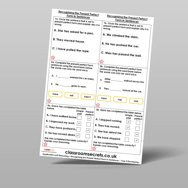 An image of the Free Recognising the Present Perfect Form in Sentences Application and Reasoning Resource