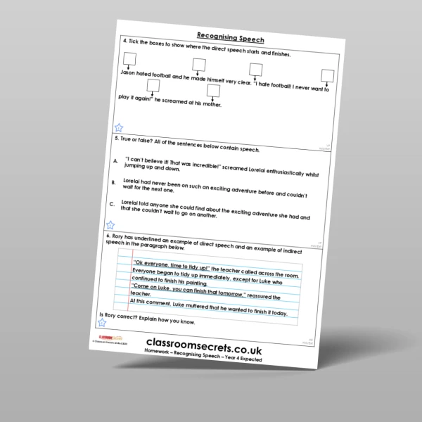 An image of the Recognising Speech Homework Resource