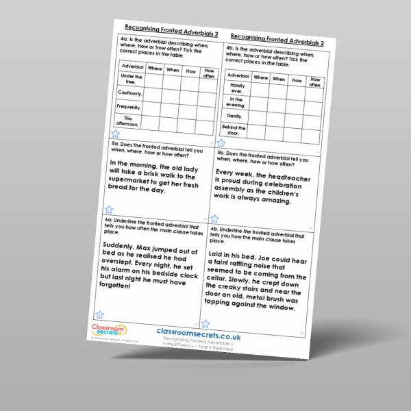 An image of the Recognising Fronted Adverbials 2 Varied Fluency Resource