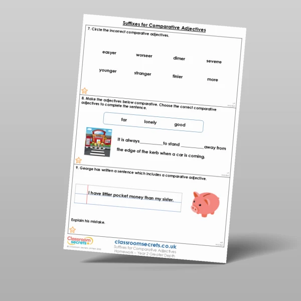 An image of the Suffixes for Comparative Adjectives Homework Resource