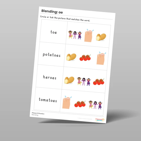 An image of the Phonics Blending Activities: oe Resource