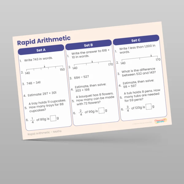 An image of the Spring 1 Week 4 Rapid Arithmetic Resource