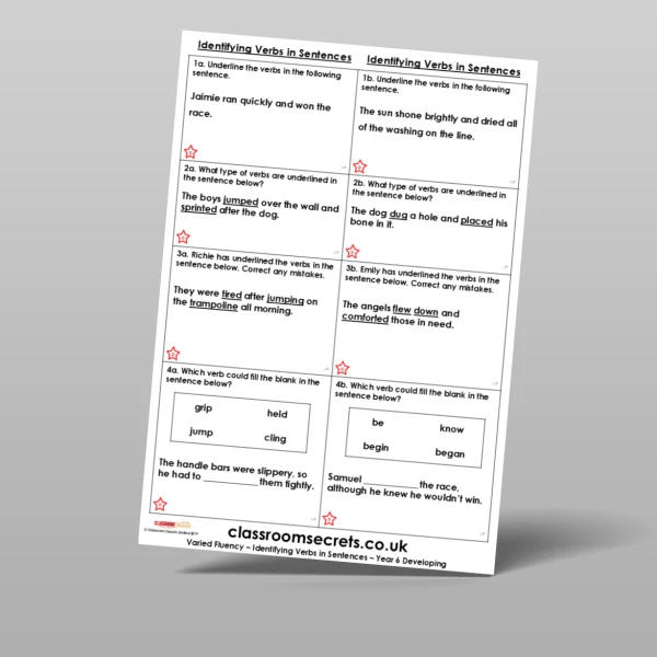 An image of the Free Identifying Verbs in Sentences Varied Fluency Resource