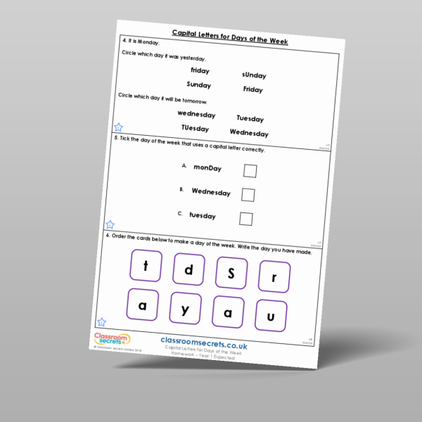 Year 1 Capital Letters For Days Of The Week Homework Resource ...