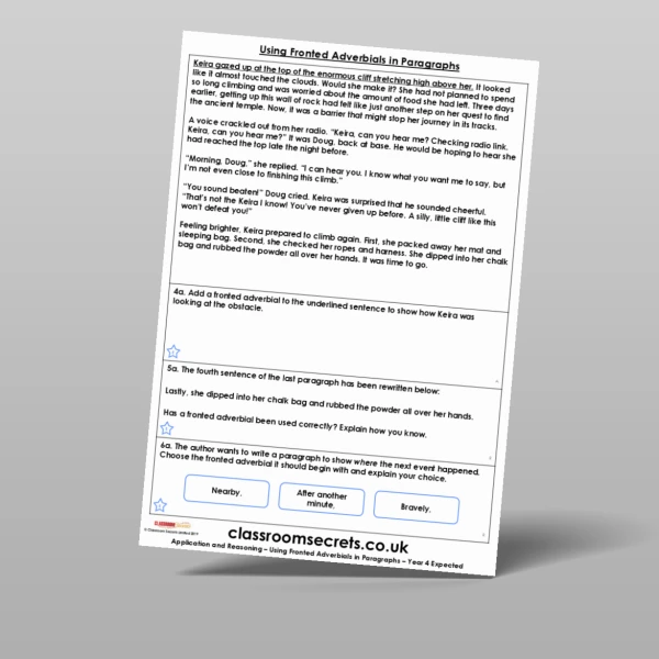 An image of the Using Fronted Adverbials in Paragraphs Application and Reasoning Resource
